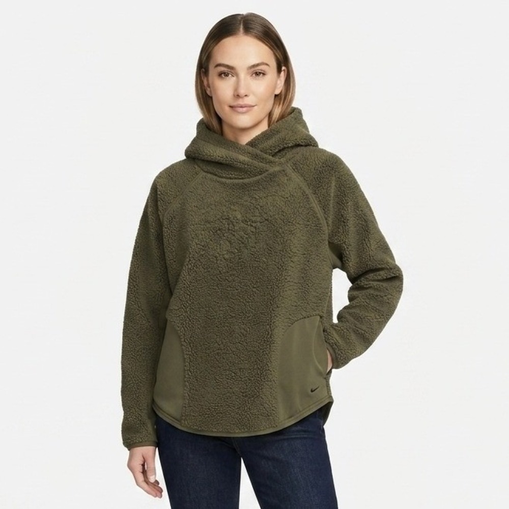 Nike Hoodie Olive Green Sherpa Fleece Mixed Media Pullover AR7404-395 - Medium